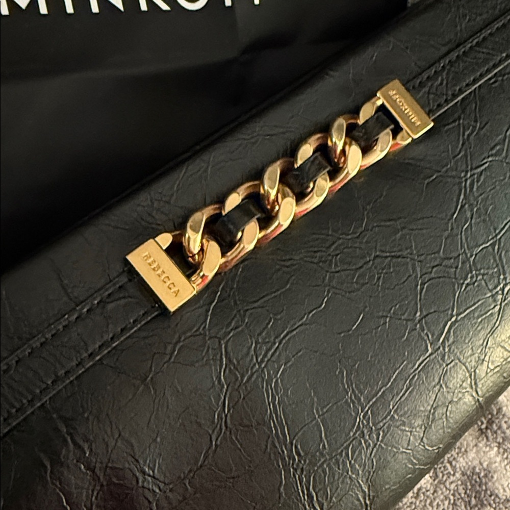 Rebecca Minkoff Black Leather Clutch with Gold Chain Accent & Dust Bag - Picture 2 of 5